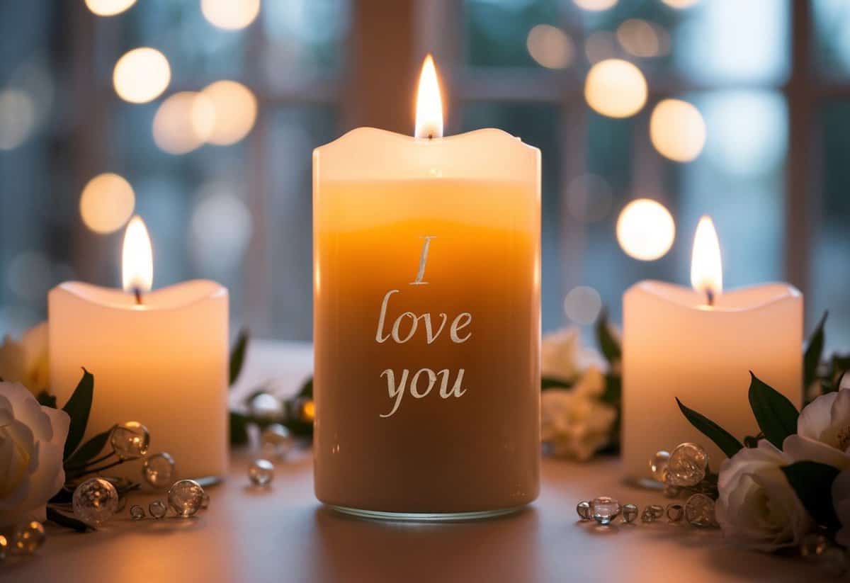 A lit candle with “I love you” engraved on it, surrounded by romantic decor for a wedding anniversary celebration