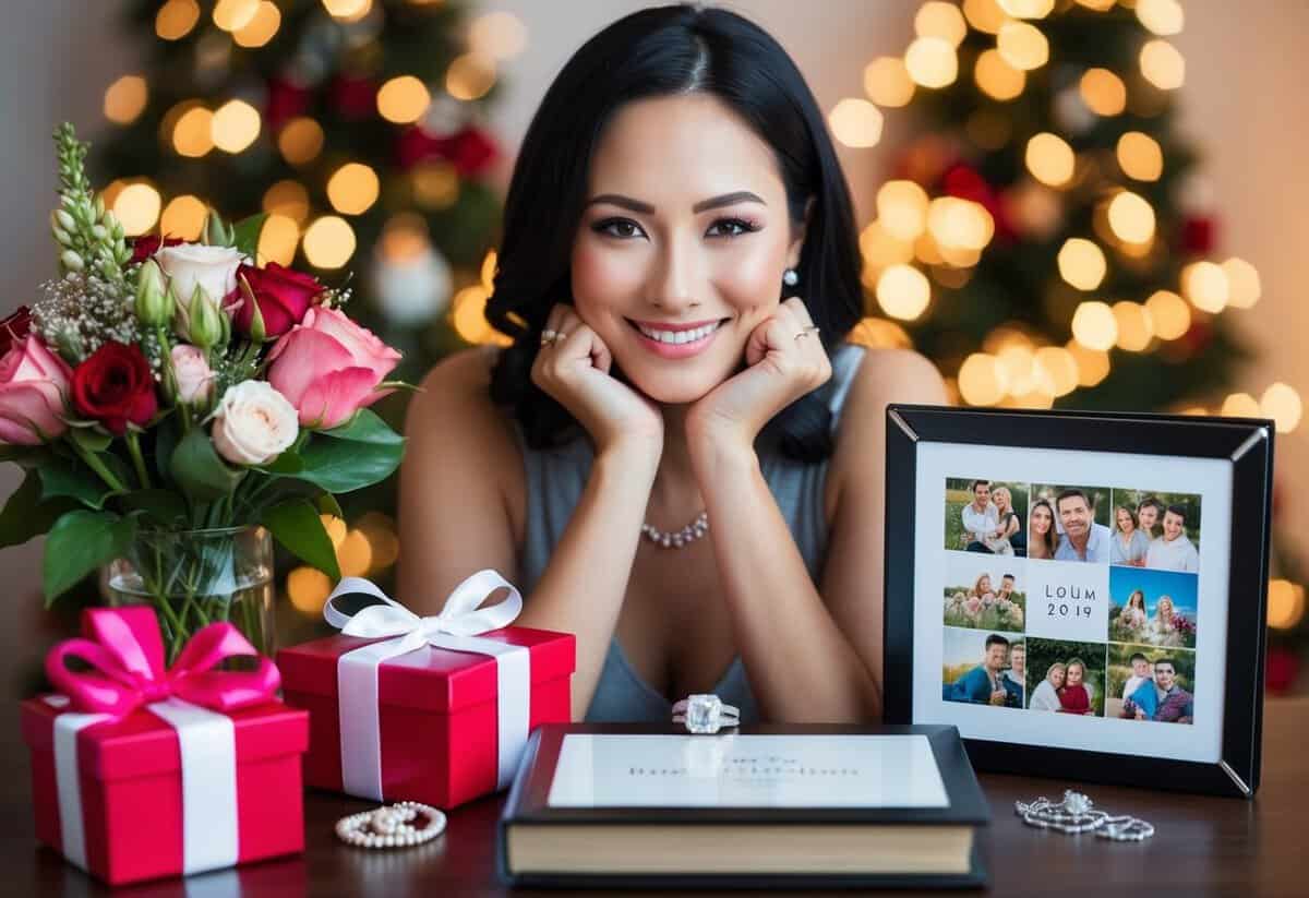 A woman surrounded by thoughtful gifts: flowers, jewelry, and a personalized photo album