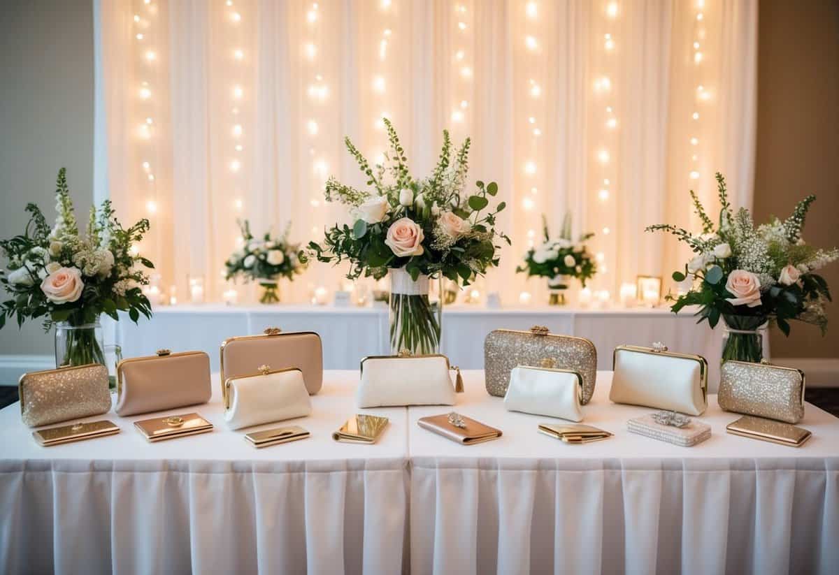 A table with a variety of elegant wedding clutches displayed, surrounded by soft lighting and floral decor