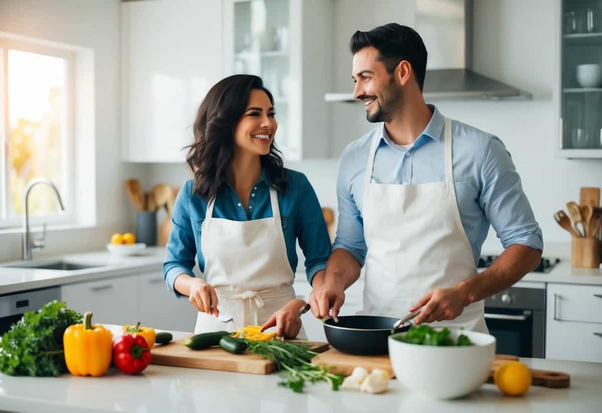 A couple cooking together in a bright, modern kitchen, surrounded by fresh ingredients and utensils. They are smiling and working together harmoniously