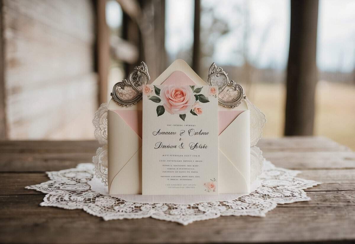 A vintage rose-themed invitation set displayed on a rustic wooden table with delicate lace and antique silver accents