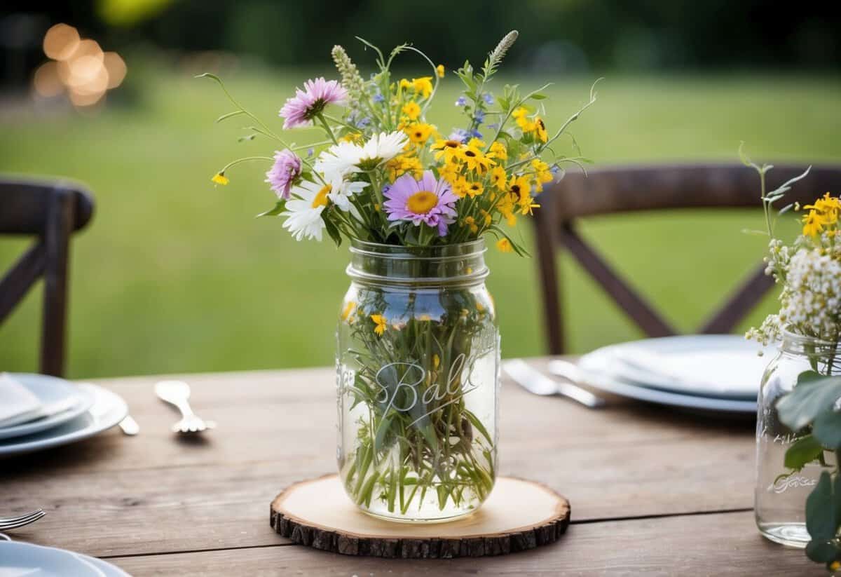 A mason jar filled with wildflowers sits on a wooden table, surrounded by rustic wedding decor