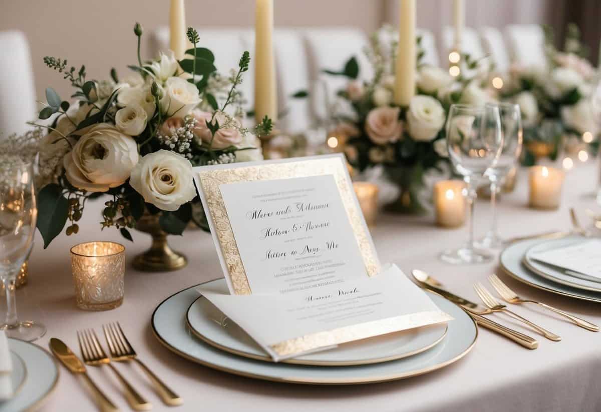 A table adorned with elegant foil stamped wedding invitations, surrounded by delicate floral arrangements and soft candlelight