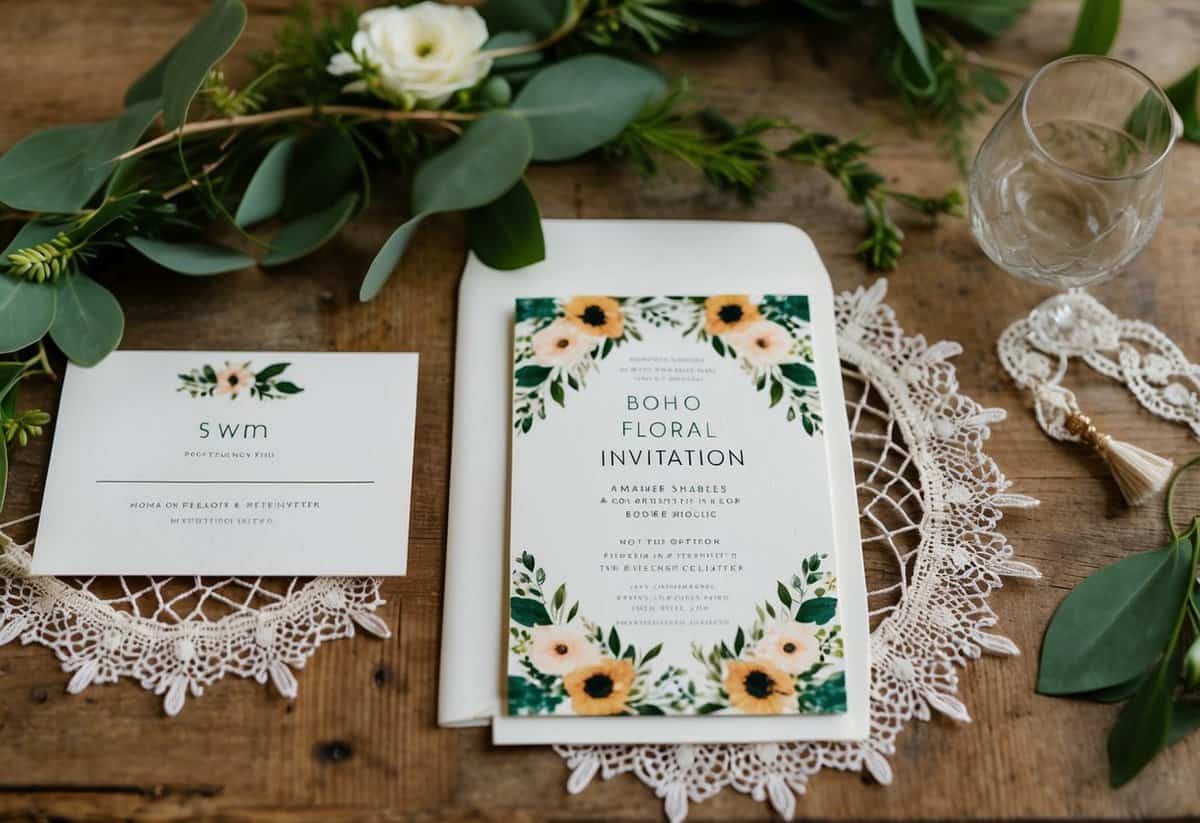 A whimsical boho floral wedding invitation suite displayed on a rustic wooden table with vintage lace and greenery accents