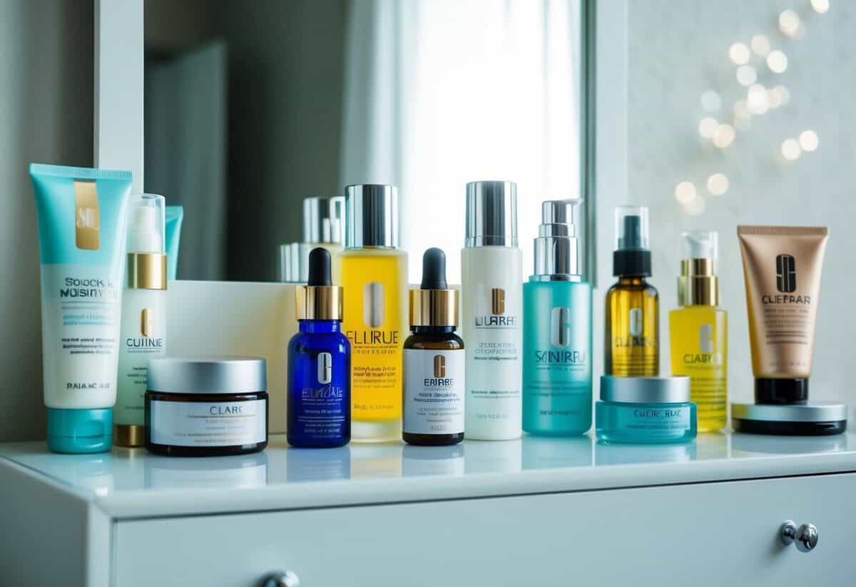 A variety of skincare products arranged on a clean, well-lit vanity table, including different types of moisturizers, serums, and cleansers