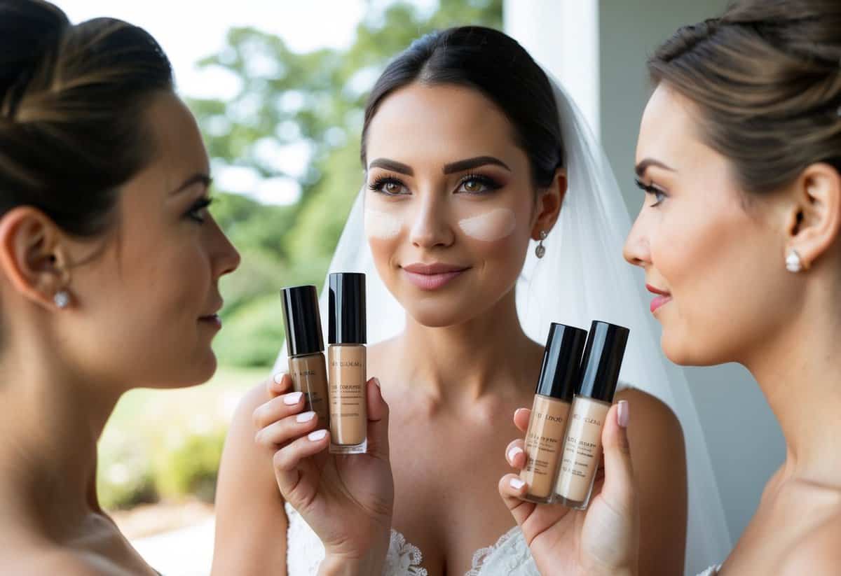 A bride holding different shades of concealer, comparing against her skin under natural light