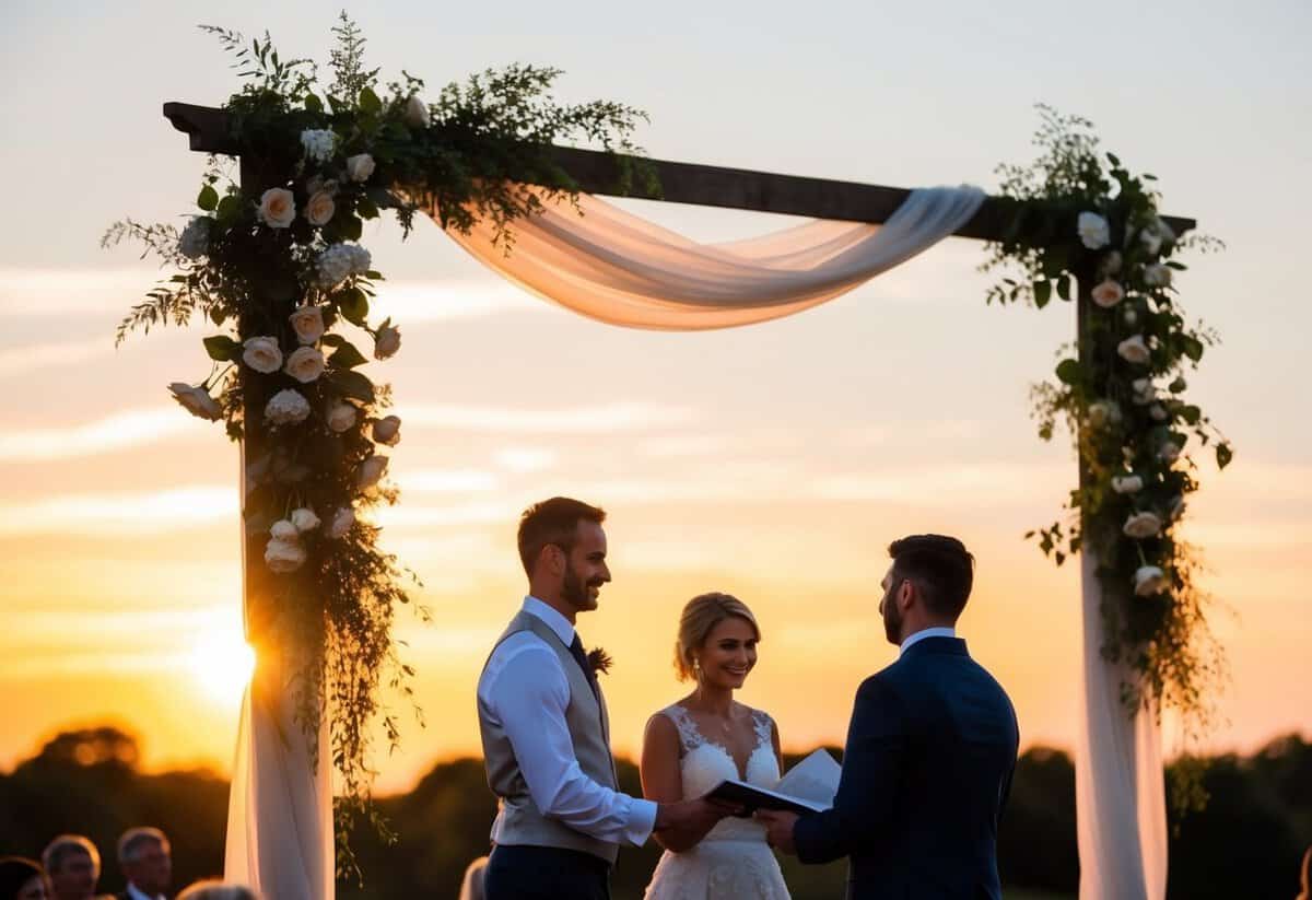 A serene outdoor wedding ceremony with a gentle breeze, blooming flowers, and a golden sunset casting a warm glow over the scene