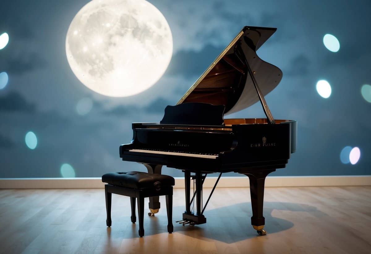 A grand piano bathed in soft moonlight, casting a gentle glow on the keys as the music of "Clair de Lune" fills the air