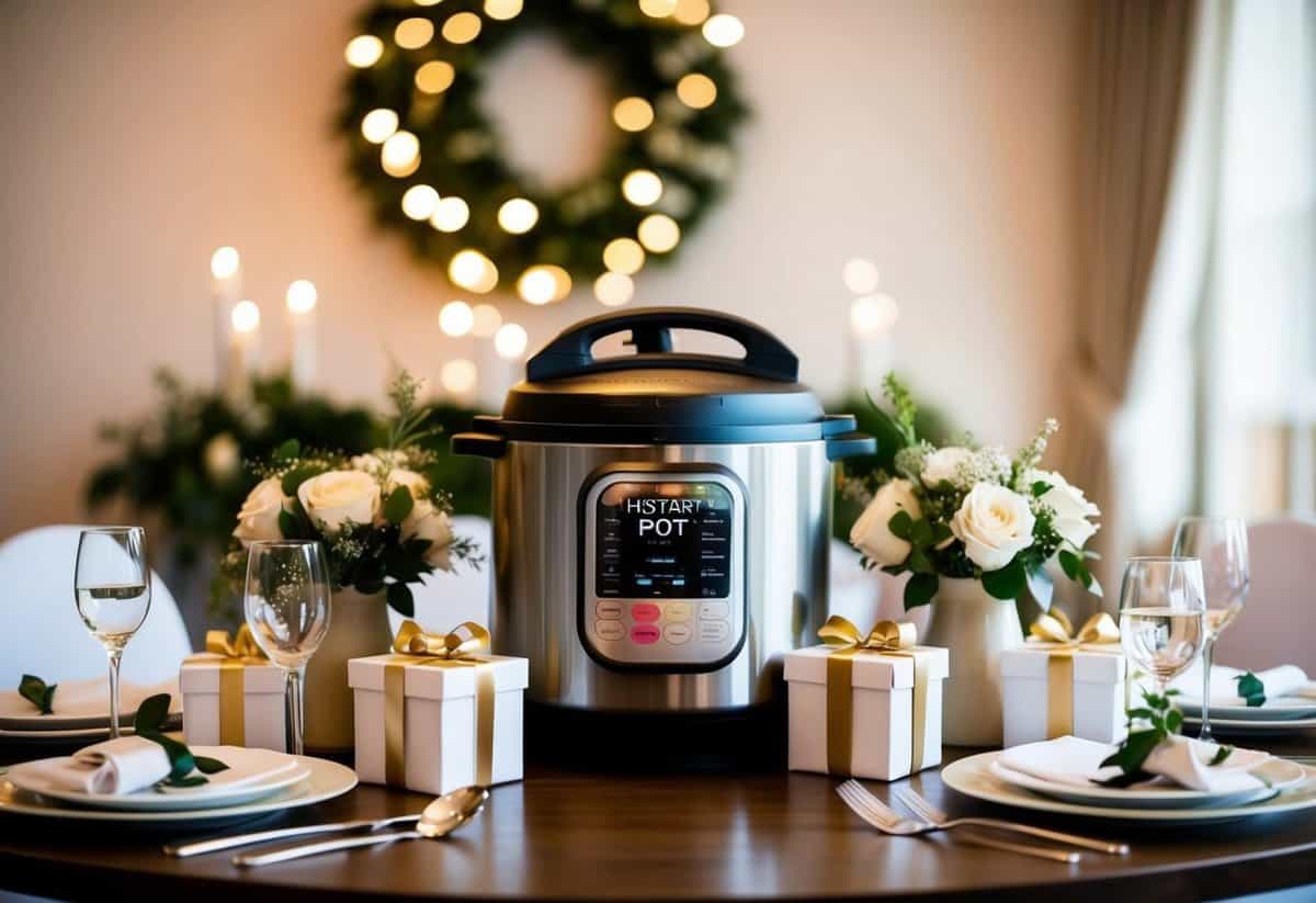 An elegant table setting with an Instant Pot Duo Plus as the centerpiece, surrounded by wedding gifts and flowers