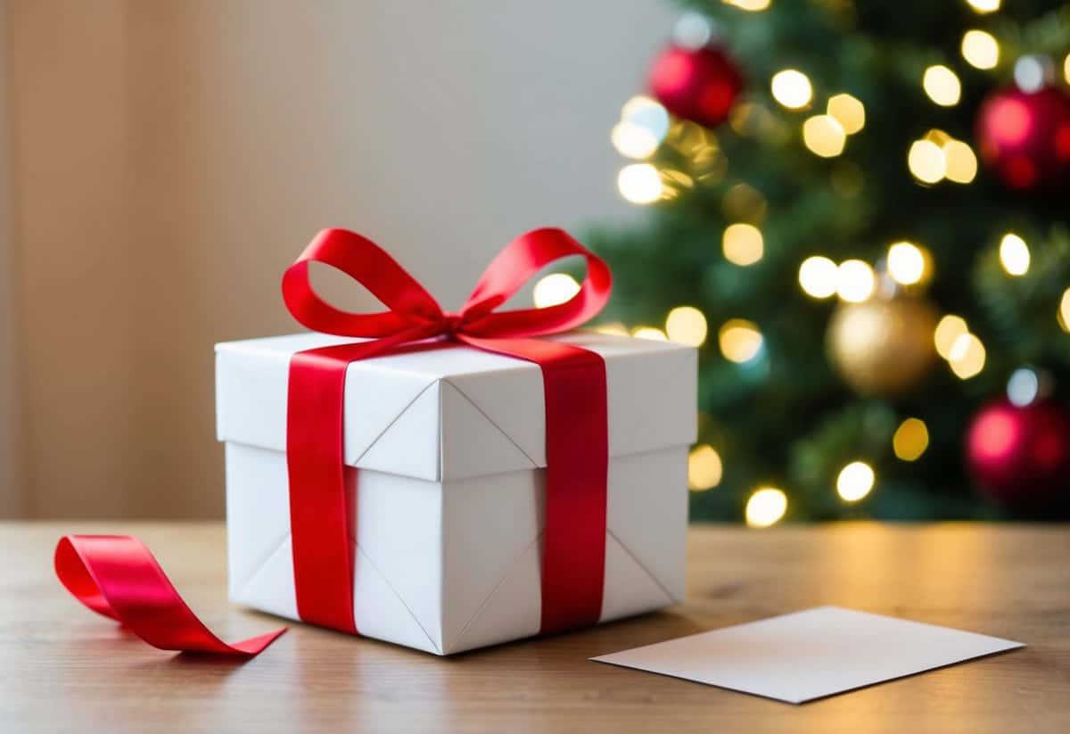 A beautifully wrapped gift box on a table with a ribbon and a card