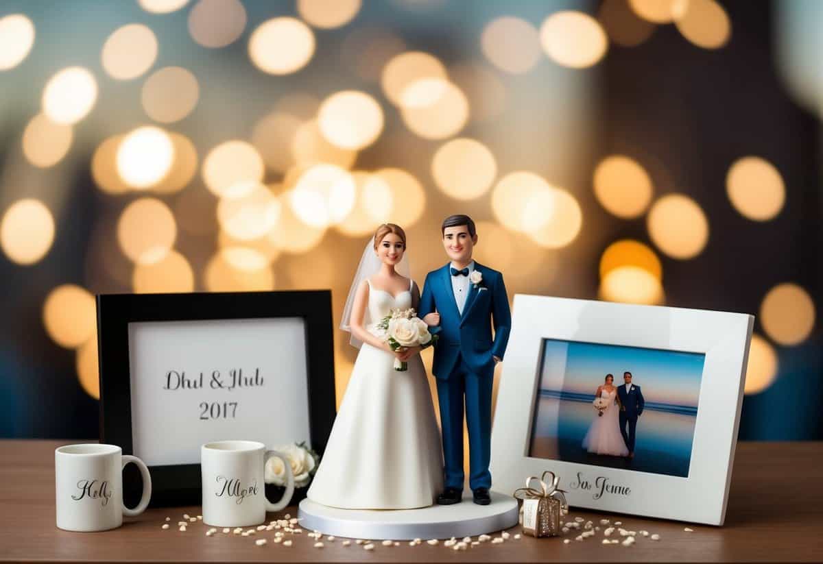 A couple standing together, surrounded by personalized items like a wedding cake topper, a custom photo frame, and matching mugs