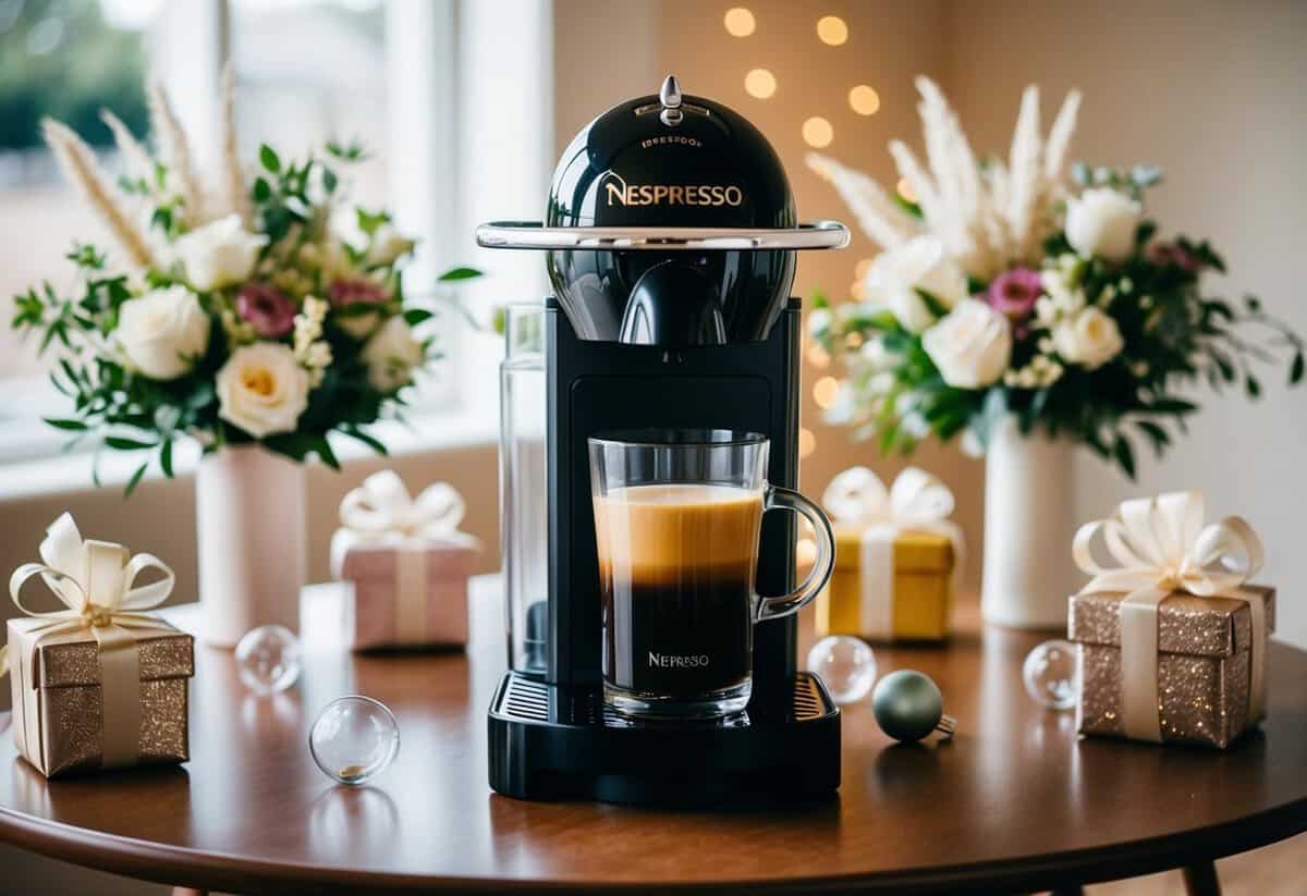 A beautifully wrapped Nespresso VertuoPlus Coffee Maker sits on a table surrounded by wedding decorations and gifts