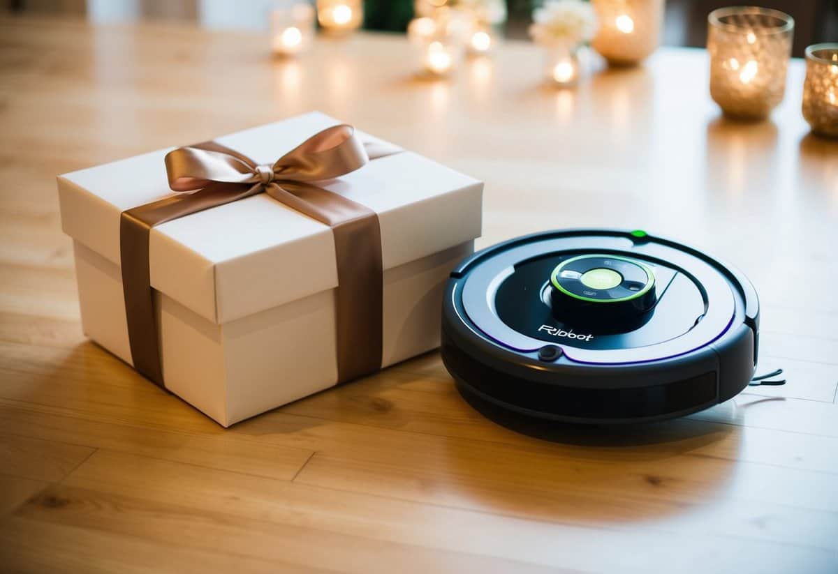 A iRobot Roomba 694 cleaning robot placed next to a beautifully wrapped wedding gift box