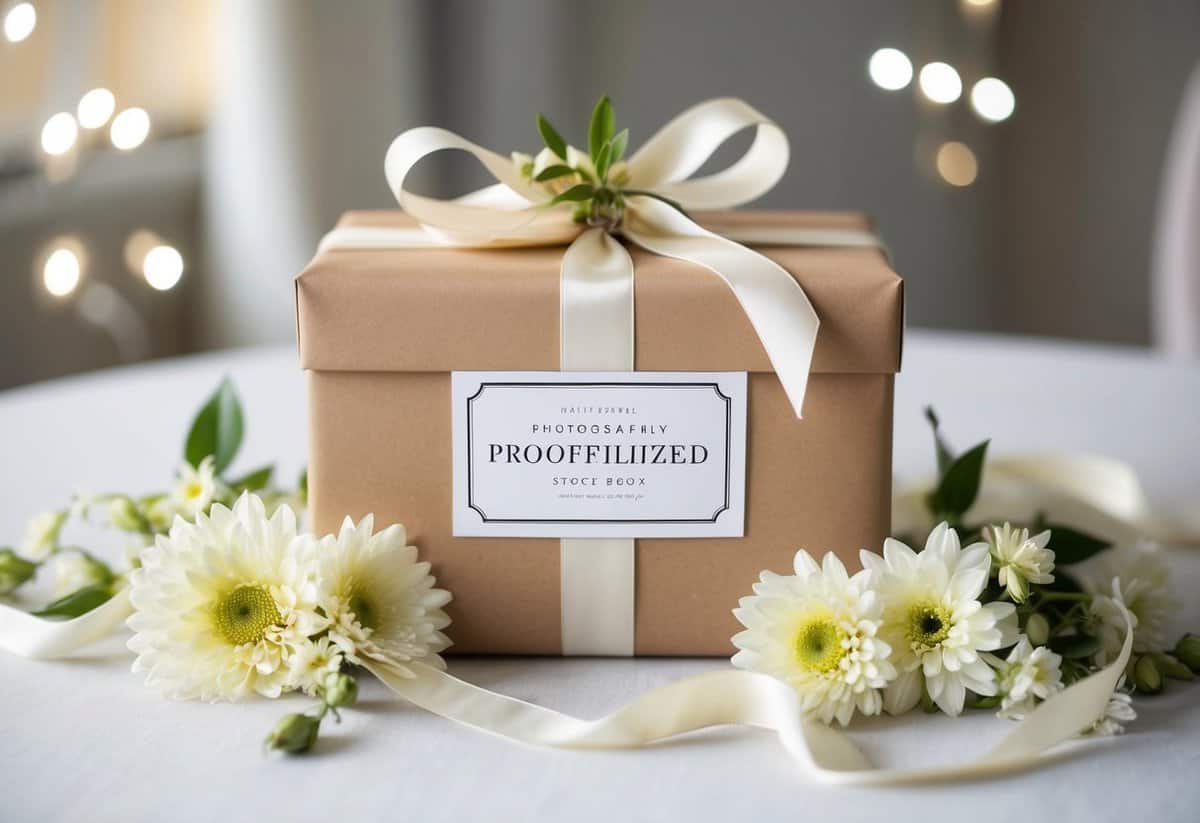 A beautifully wrapped gift box with a personalized label sits on a table, surrounded by delicate flowers and elegant ribbon