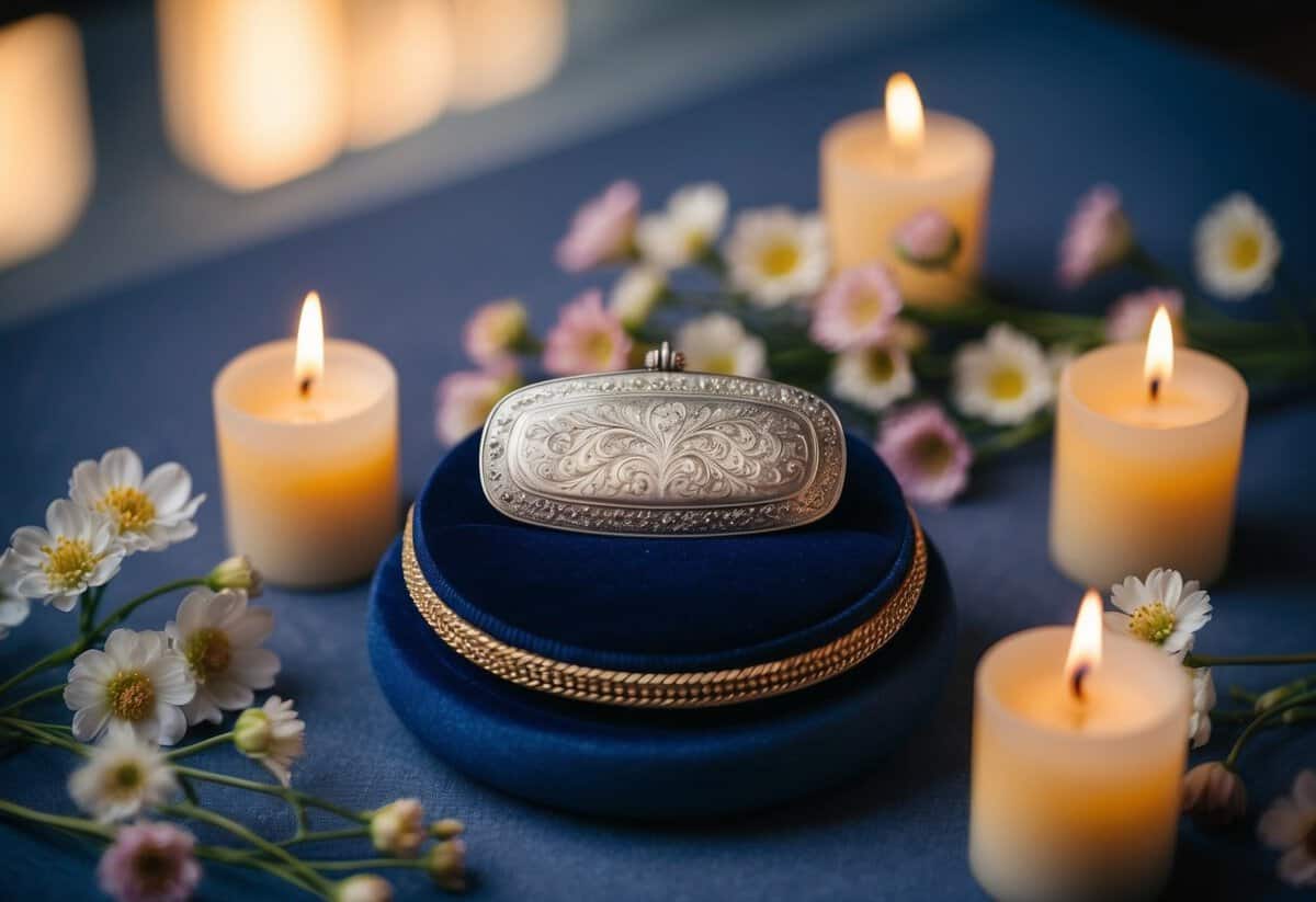 A beautifully crafted piece of engraved jewelry displayed on a velvet cushion, surrounded by delicate flowers and candles