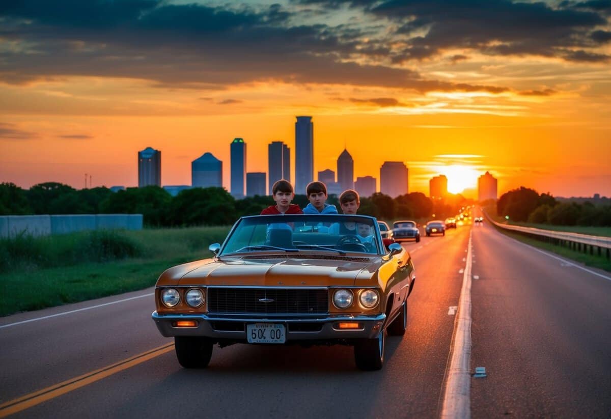 A vibrant orange sunset illuminates the Oklahoma City skyline as a group of boys in a vintage car head south on the highway from Austin