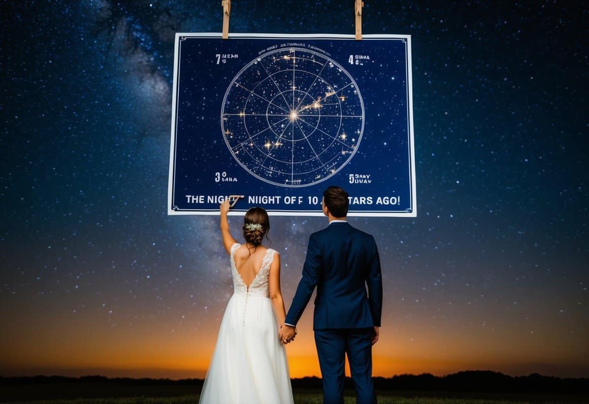 A couple standing under a starry night sky, pointing to a customized star map depicting the night of their wedding 10 years ago