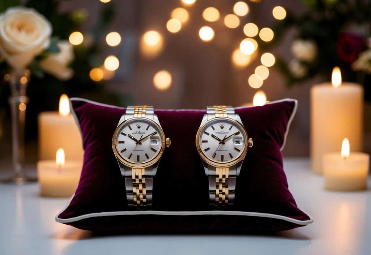 Two elegant matching watches displayed on a luxurious velvet cushion, surrounded by soft candlelight and a romantic setting