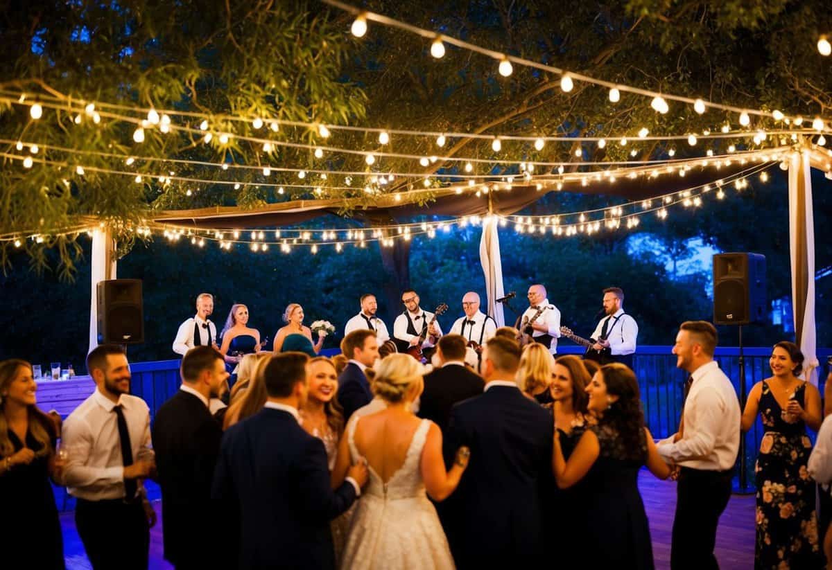 A cozy outdoor wedding reception with string lights, a live band, and a dance floor filled with happy guests swaying to Zach Bryan's heartfelt songs