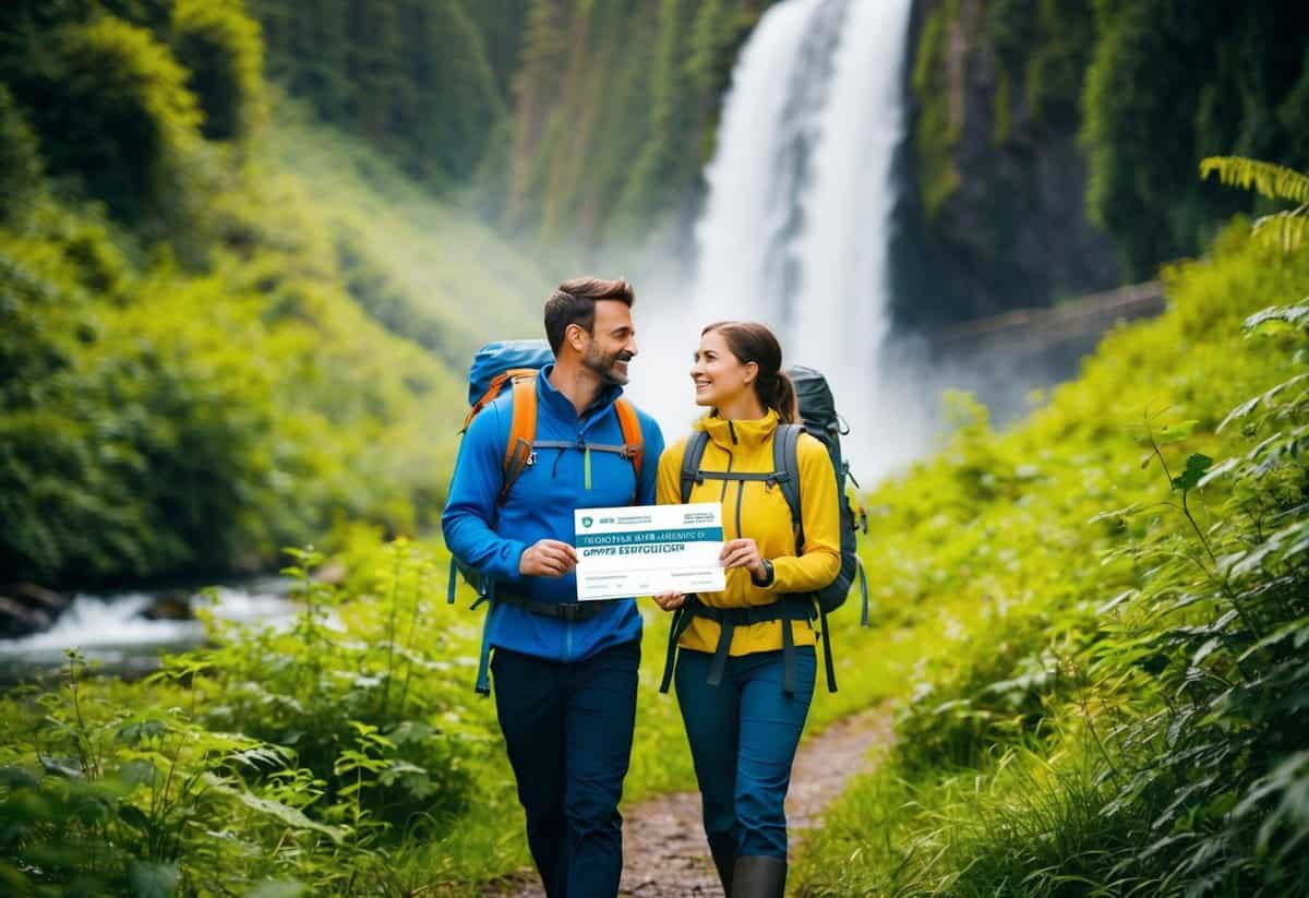 A couple hiking through a lush forest with a waterfall in the background, holding a voucher for an adventure experience