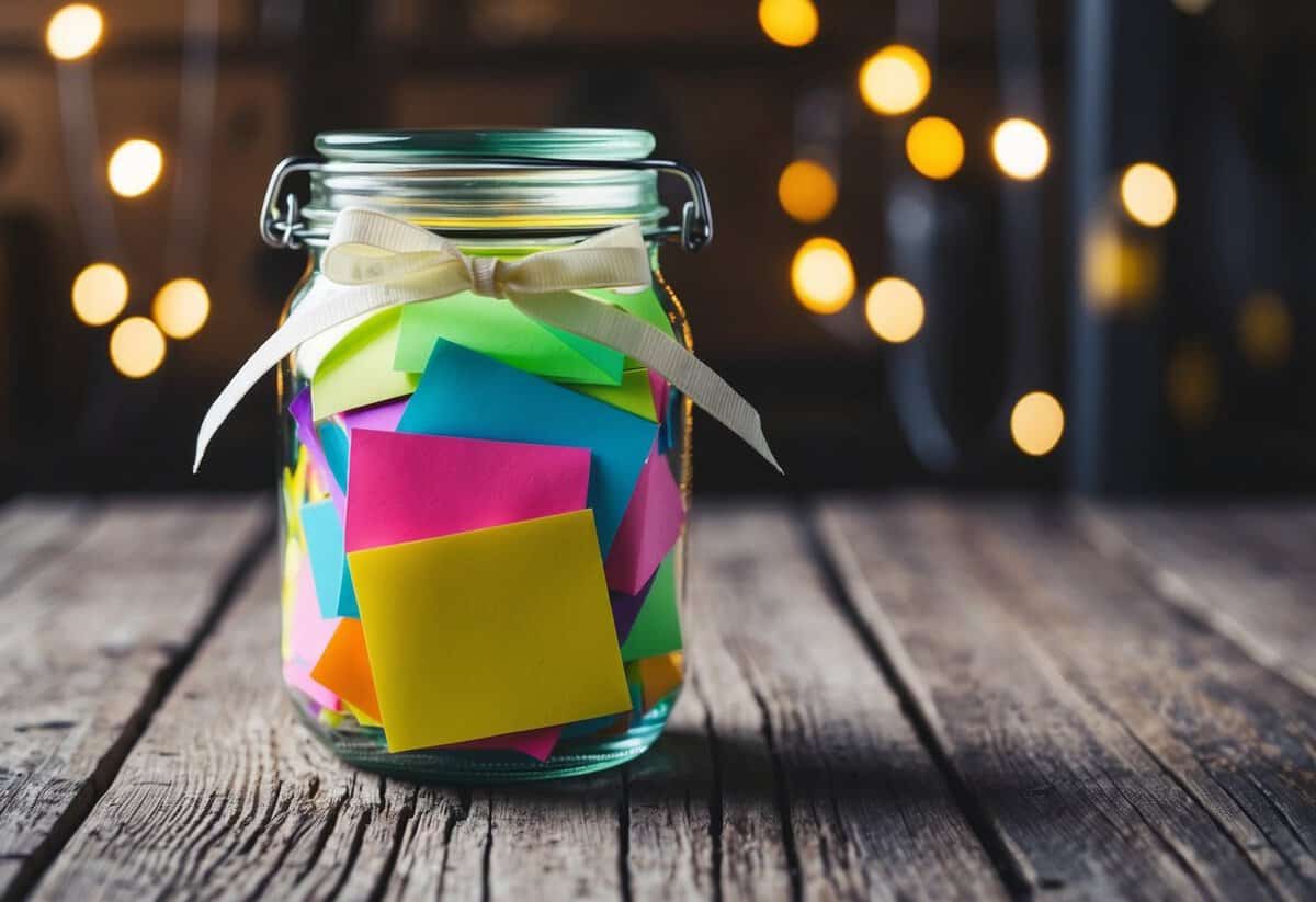 A glass jar filled with colorful notes, tied with a ribbon, sits on a rustic wooden table