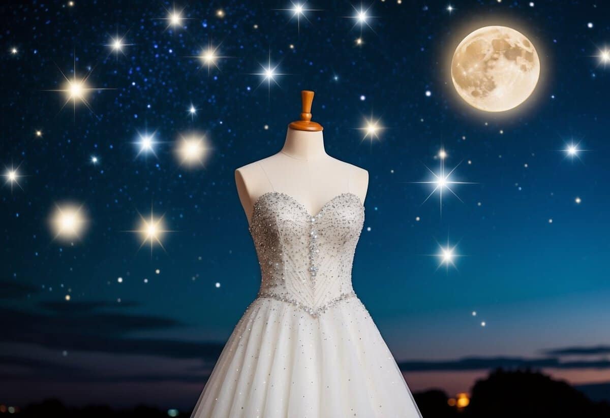 A starry night sky with a glowing moon, surrounded by twinkling stars and a shimmering wedding gown on a mannequin