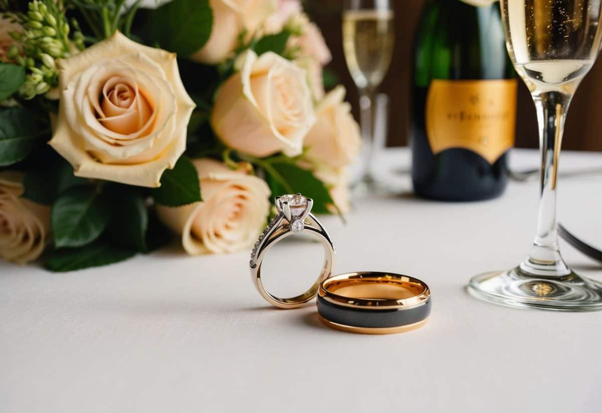 A couple's wedding rings entwined with a bouquet of roses and a bottle of champagne on a beautifully set table