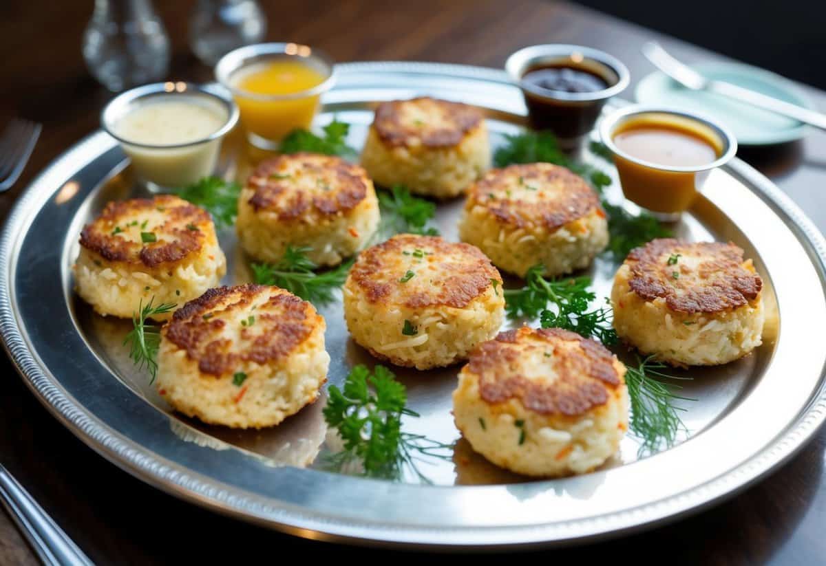 Mini crab cakes arranged on a silver platter surrounded by delicate garnishes and accompanied by dipping sauces