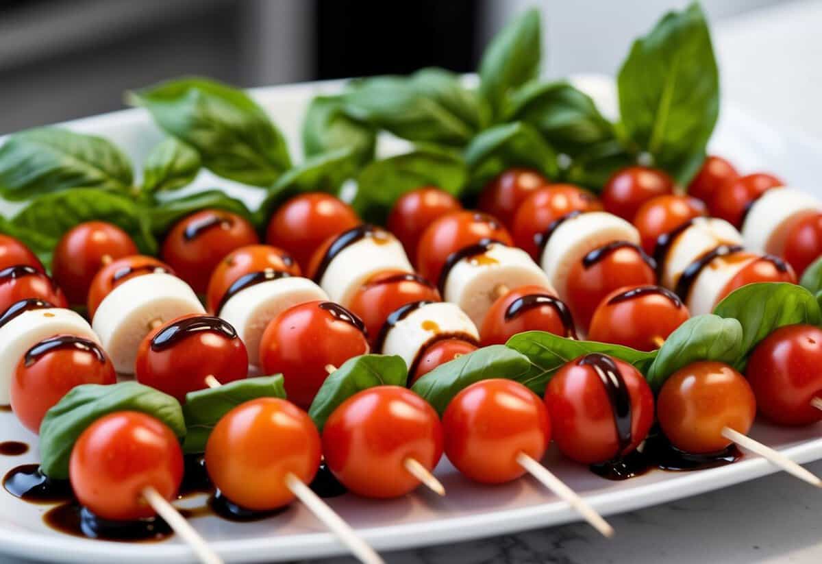 A platter of Caprese skewers arranged in a neat, appetizing display, with alternating layers of cherry tomatoes, fresh mozzarella, and basil leaves, drizzled with balsamic glaze