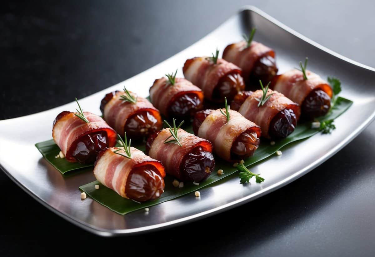 Bacon-wrapped dates arranged on a sleek serving platter with elegant garnishes