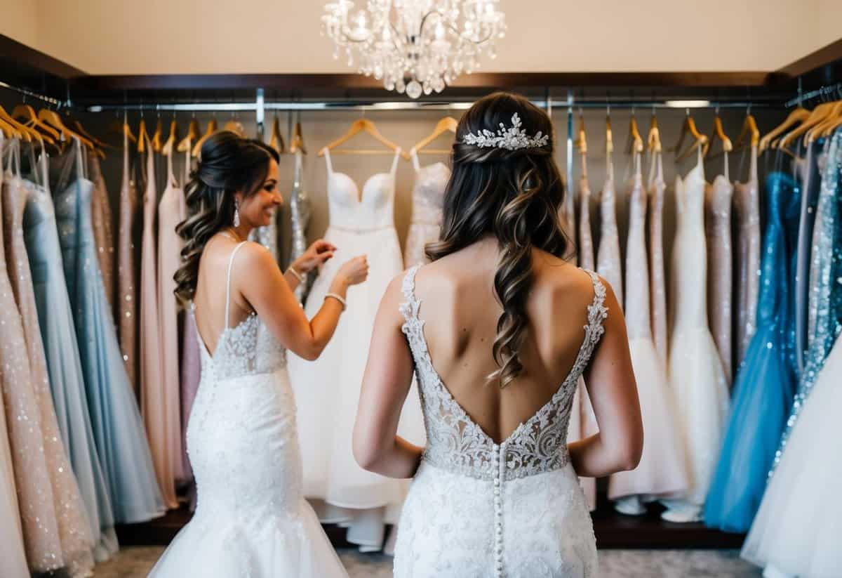 A bride-to-be trying on different wedding dresses in a luxurious bridal boutique, surrounded by racks of elegant gowns and sparkling accessories