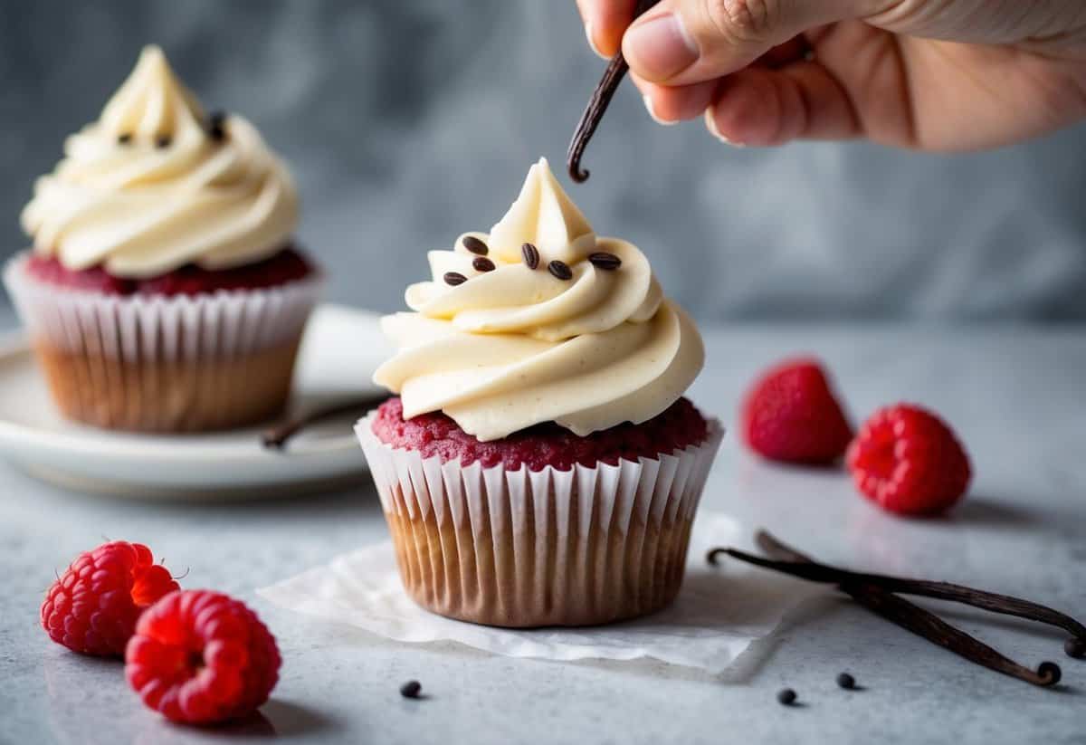 A vanilla bean cupcake with a raspberry filling, topped with delicate frosting and a sprinkle of vanilla bean seeds