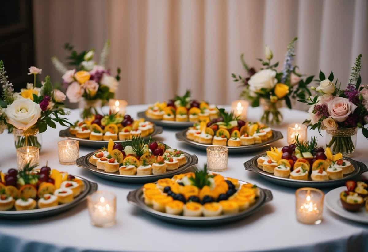 A colorful spread of bite-sized appetizers arranged on elegant serving trays, surrounded by delicate floral arrangements and twinkling tea light candles