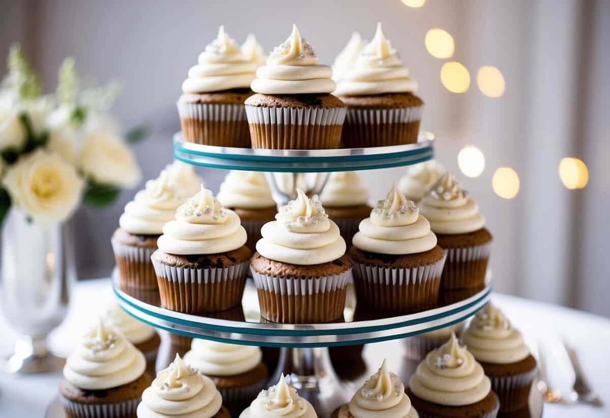 A tiered display of wedding cupcakes, with cookies and cream flavor, adorned with delicate frosting and elegant decorations