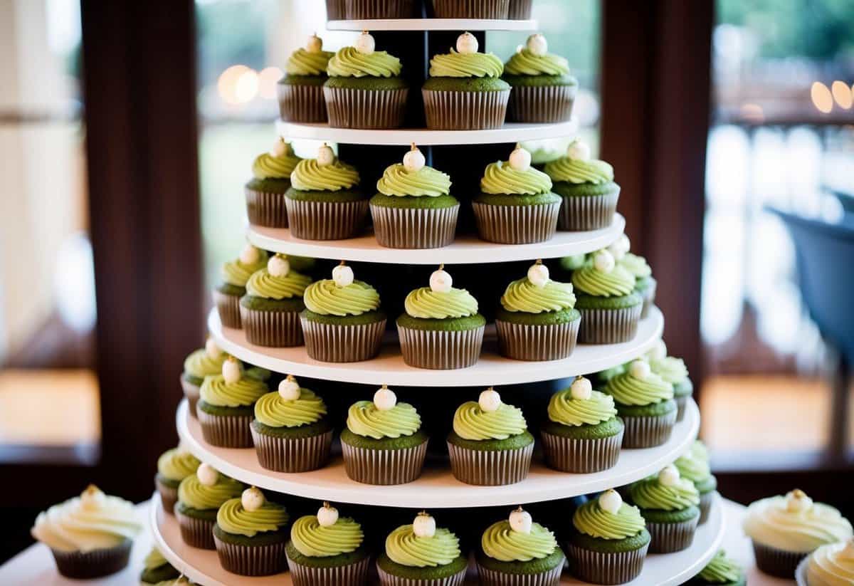 A tiered display of matcha green tea wedding cupcakes with delicate frosting and elegant decorations