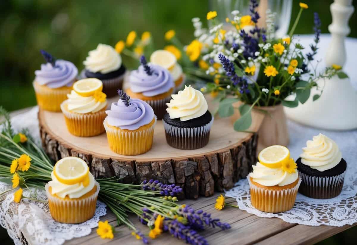 A rustic wedding theme with vanilla lavender and honey lemon cupcakes displayed on a wooden dessert table adorned with wildflowers and lace