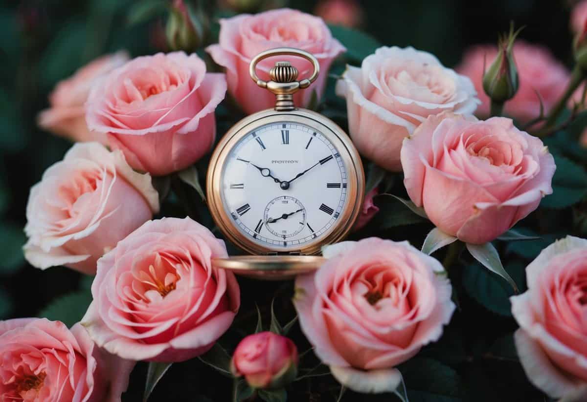 A vintage pocket watch nestled in a bed of blooming roses