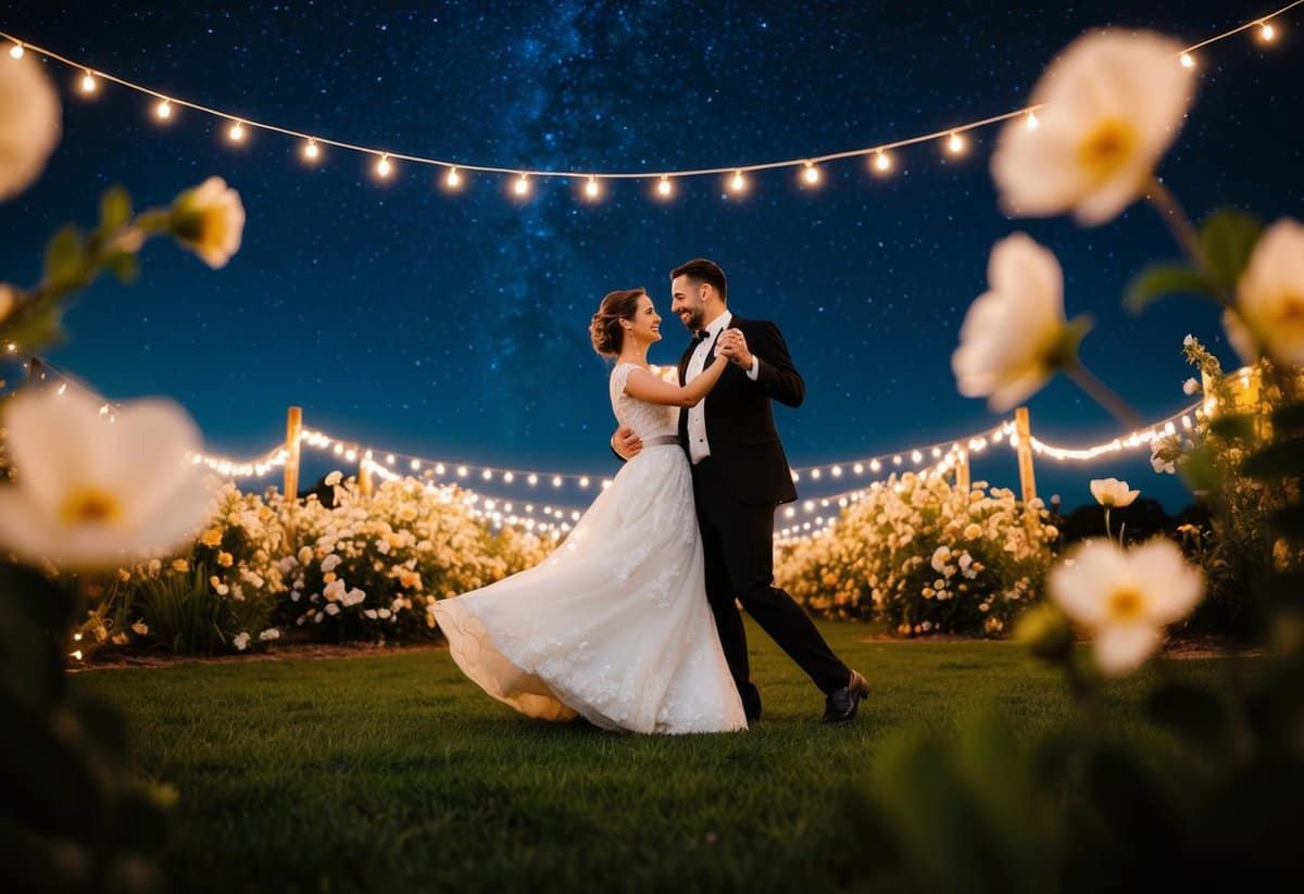 A couple dancing under a starry night sky, surrounded by the soft glow of twinkling fairy lights and the sweet scent of blooming flowers