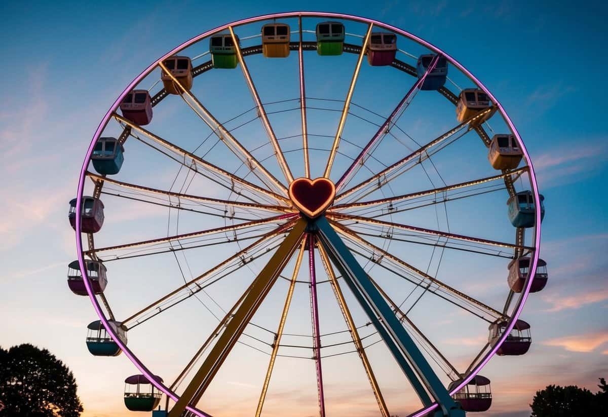 A colorful ferris wheel turning against a sunset sky, with a heart-shaped carriage at the top