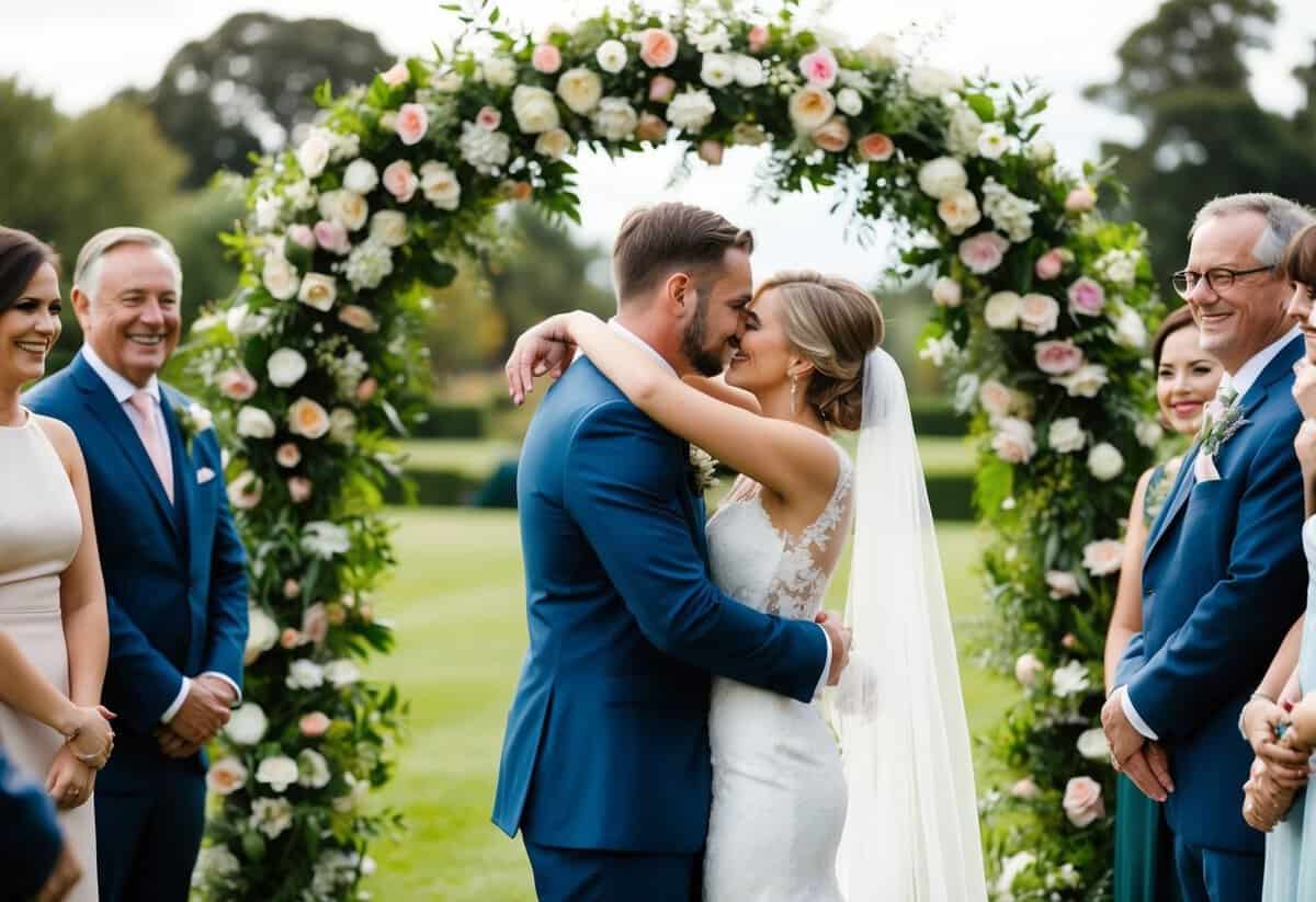 A bride and groom embrace under a floral arch, surrounded by smiling friends and family