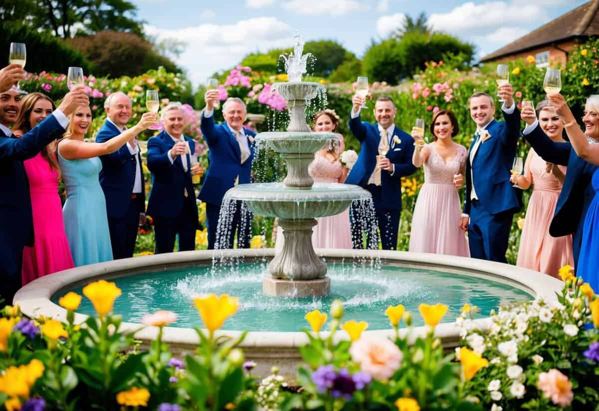 A vibrant garden with blooming flowers and a sparkling fountain, surrounded by joyful guests raising their glasses in celebration