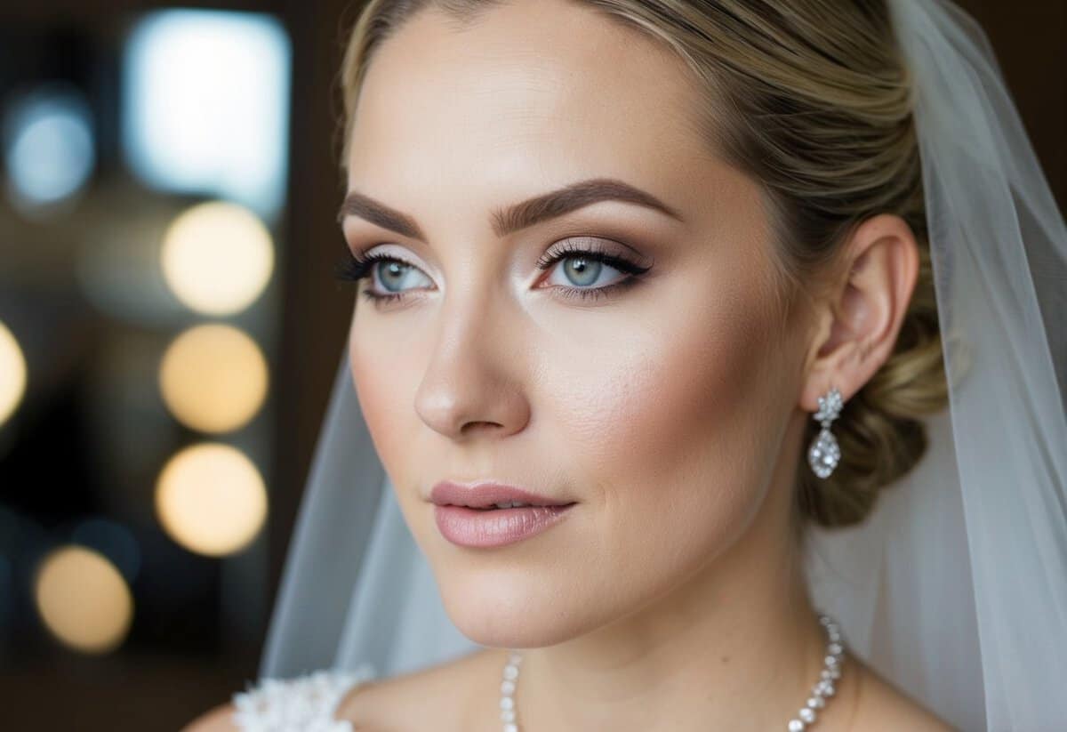 A bride's face with a classic makeup look using MAC products, featuring soft, neutral tones and a subtle glow