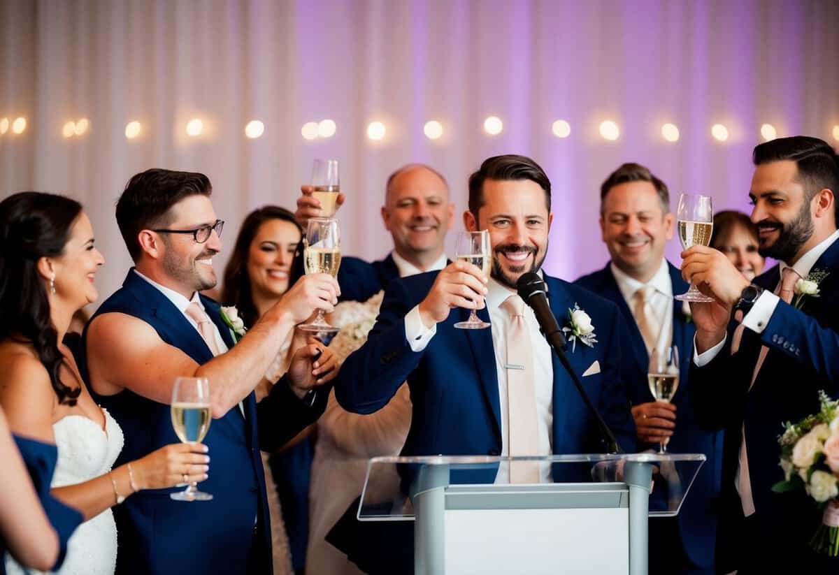 Guests clinking glasses, smiling faces, and a microphone on a podium at a wedding reception