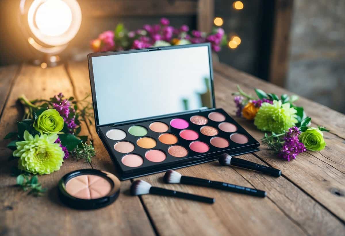 A vibrant palette of Boho Chic makeup arranged on a rustic wooden table with fresh flowers and soft lighting