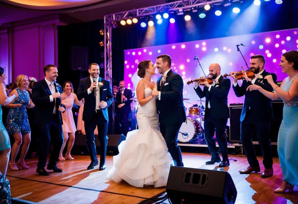 A lively wedding band performing on a stage, surrounded by a dancing crowd under colorful lights