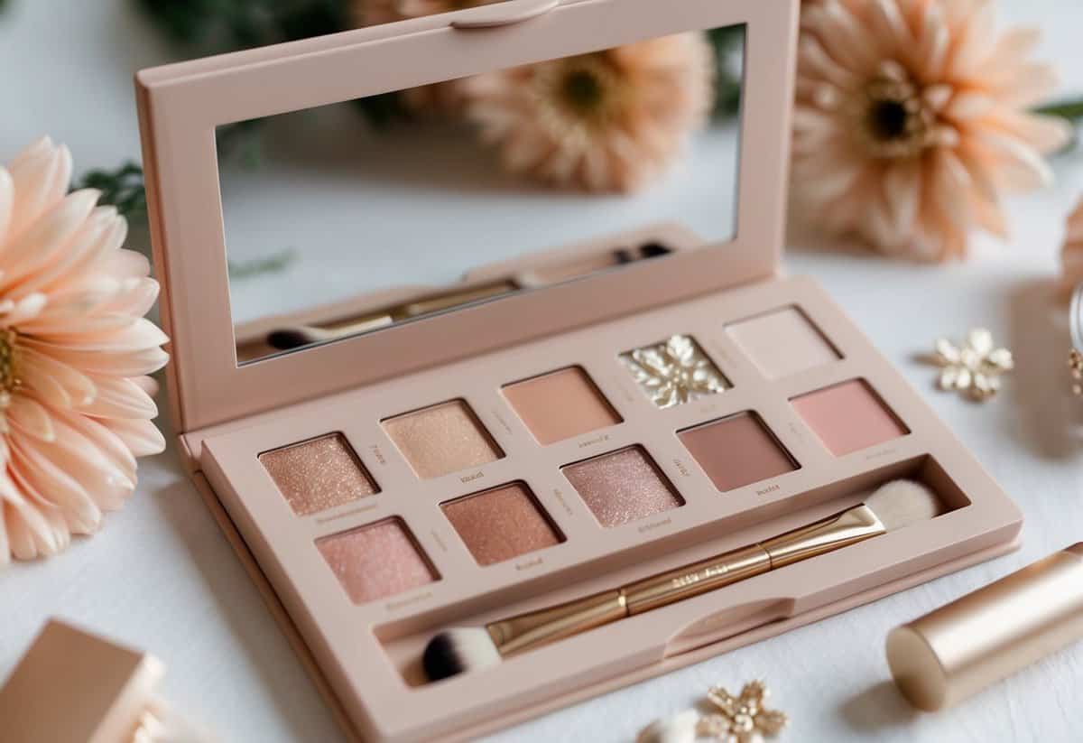 A soft, warm-toned makeup palette with delicate floral accents and a hint of shimmer, evoking a sense of romance and elegance