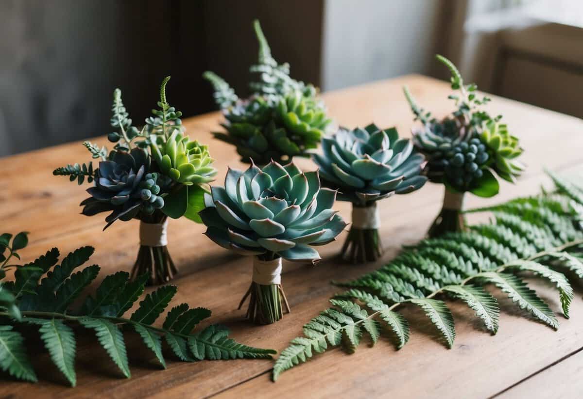 Succulent boutonnieres arranged on a wooden table with eucalyptus and ferns, softly lit by natural sunlight