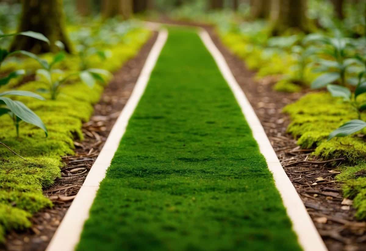 A lush green moss aisle runner winding through a serene forest setting