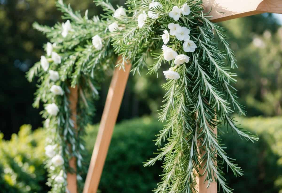 Lush rosemary sprigs arranged in a cascading pattern, intertwined with delicate white flowers and draped over a wooden wedding arch