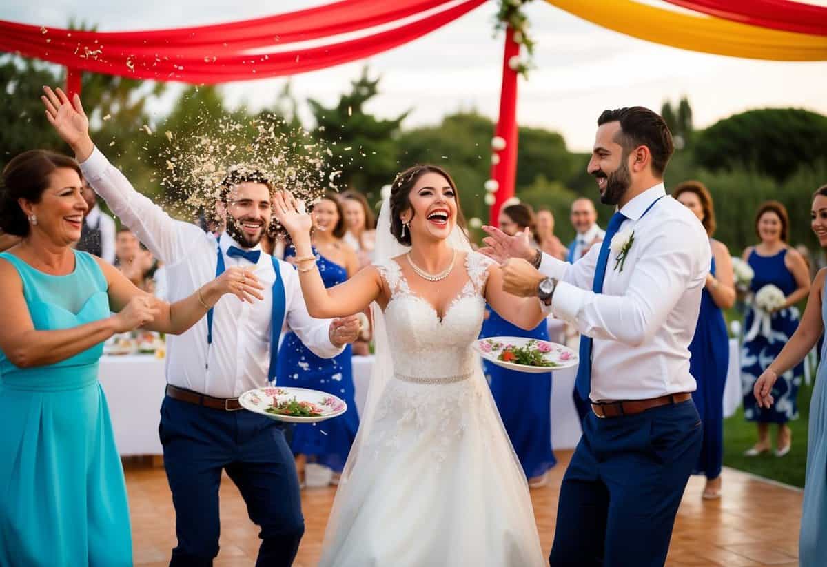 A joyful Greek wedding celebration with traditional decorations, dancing, and plate smashing